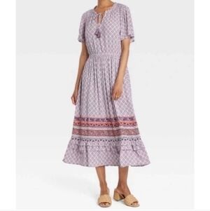Knox Rose Lavender Printed Midi Dress with Tassel Tie